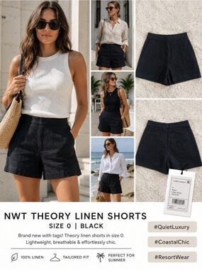Theory Tarrytown P Linen Shorts Black Size 0 Quiet Luxury Minimalist Summer NWT